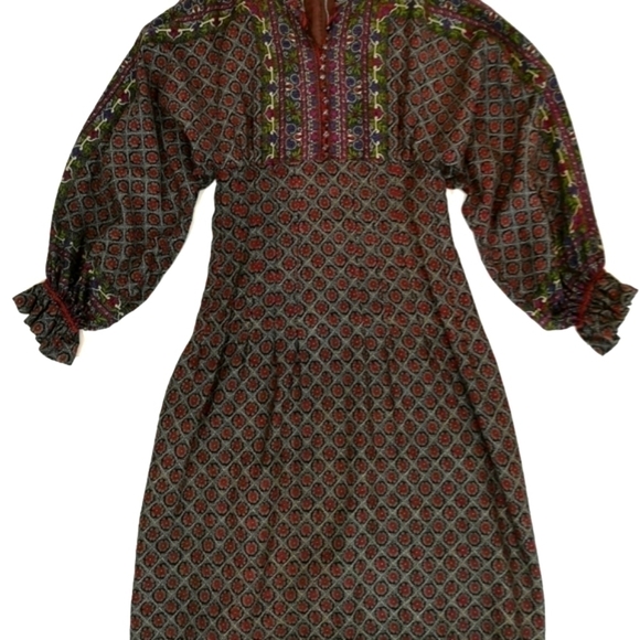 𝅺70s Batwing Vintage Paisley Geometric Impressionist Print Prairie Empire Dress - Picture 15 of 15